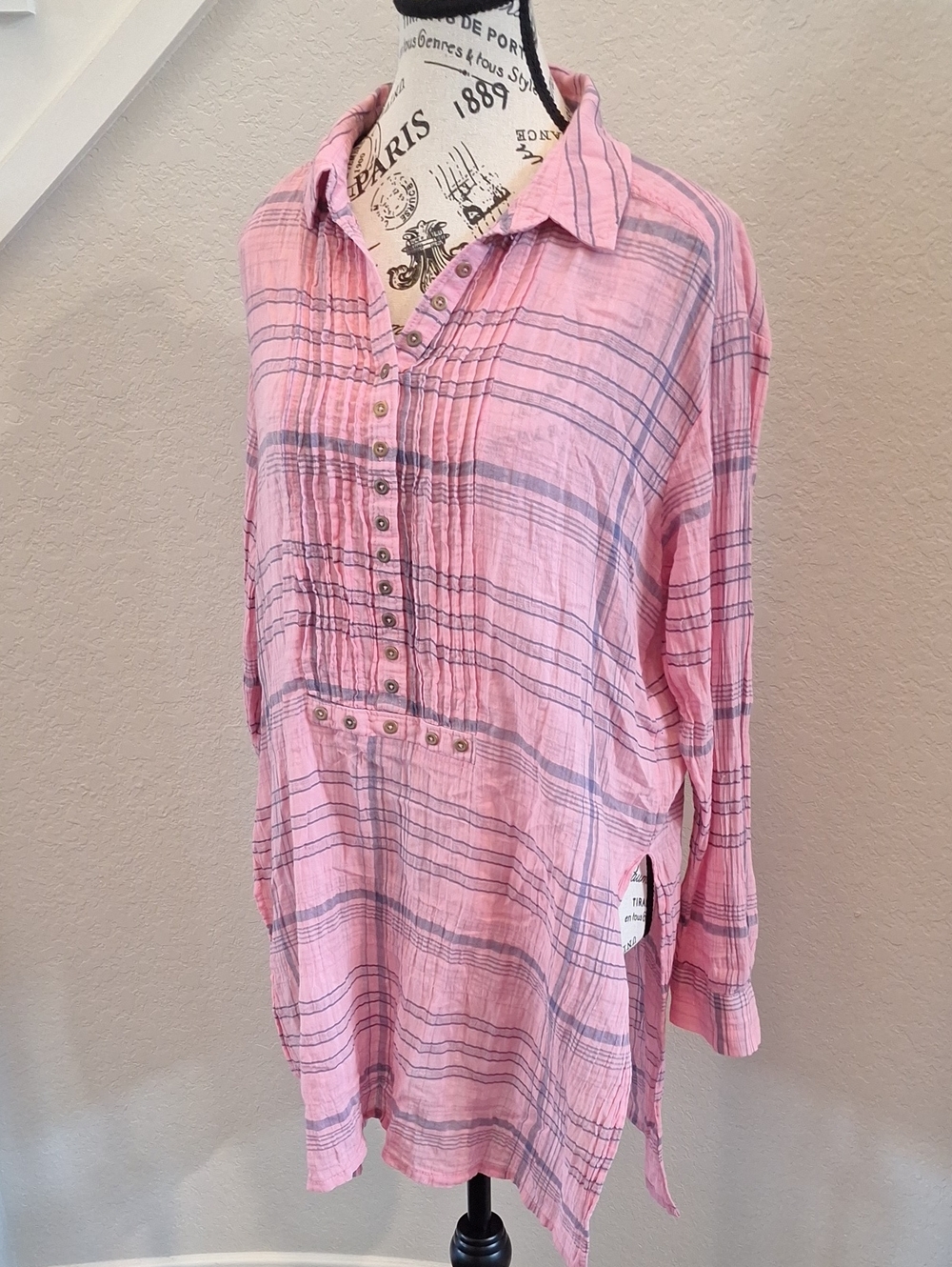 Anthropologie Pilcro Pink Plaid Long Sleevw Cotton Tunic Top Size Medium